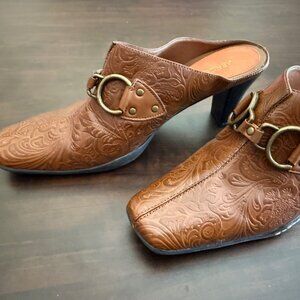Aerosoles Caramel Leather Paisley Cinch Worm Mules Size 10